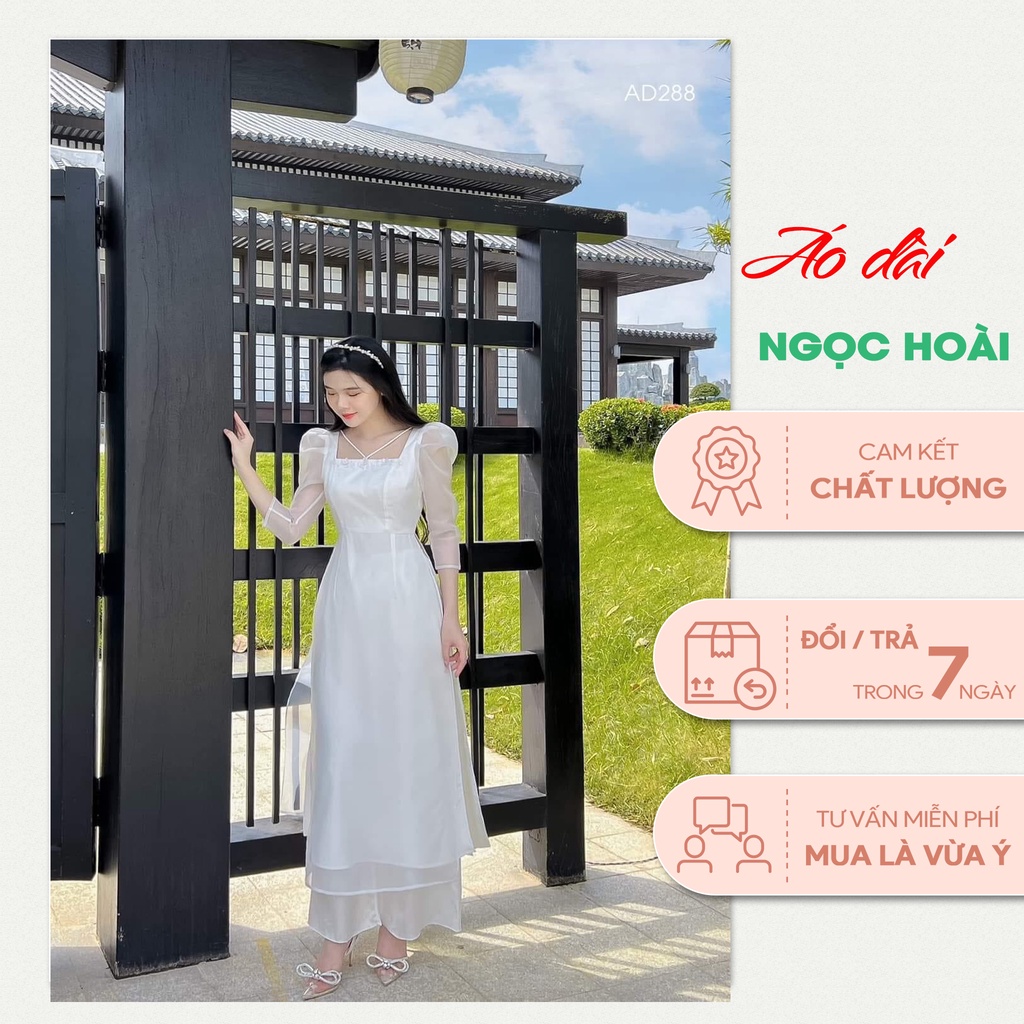 Áo Dài Cách Tân Trắng Chất Liệu Vải Voan Tơ Sống Kết Hợp Lót Lụa, Vai Bồng, Thiết Kế Có Dây Chéo Ngực Và Hoa Điệu Đà