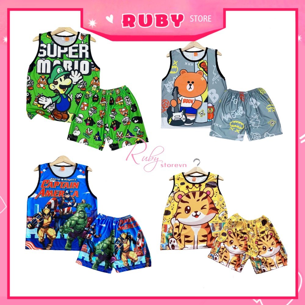 Đồ bộ SÁT NÁCH 3 LỖ cho bé mặc nhà chất thun mềm mát in hình Siêu nhân hoạt hình dễ thương size dưới 13kg DBRBSN SIZE 4