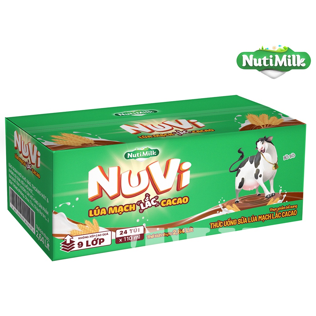 THÙNG 24 TÚI Sữa Nuvi 110ml Đào Táo/Dâu/Ca Cao/Cam/Trái Cây Giúp Bé Phát Triển Trí Não, Chiều Cao Cho Bé