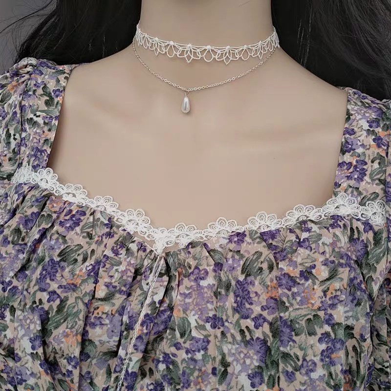 Vòng Cổ Choker Hai Lớp Đính Hạt Ngọc Trai Thời Trang