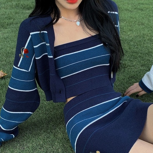 Set đồ ZHELIHANGFEI gồm áo cardigan dệt kim họa tiết kẻ sọc + chân váy ngắn lưng cao thời trang quyến rũ cho nữ
