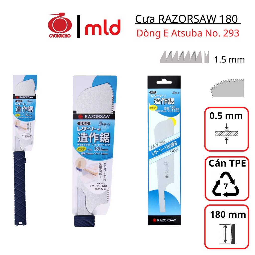 [MADE IN JAPAN] Cưa cầm tay Gyokucho, cán nhựa TPE, Series 180mm, Mã RZ290~RZ297
