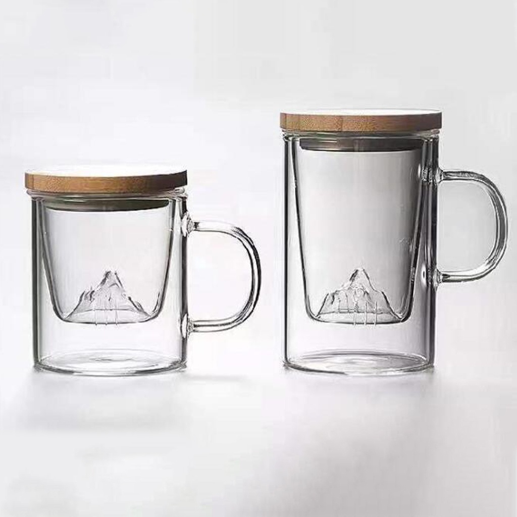 Cốc uống nước/cà phê bằng thủy tinh với đế gỗ thiết kế hình ngọn núi sáng tạo dung tích 120ml