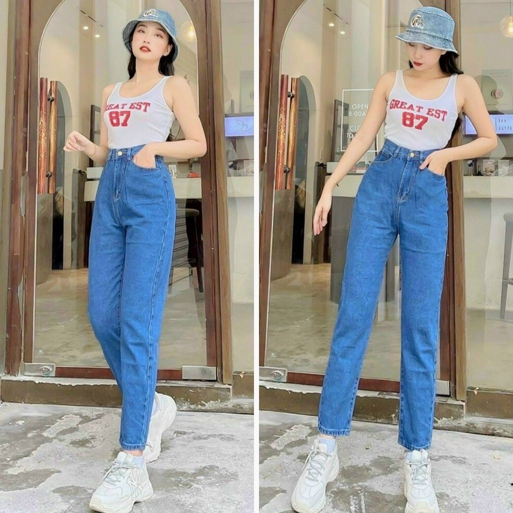 Quần Bò Baggy Nữ Lưng Cao Màu Xanh Đậm Trơn Basic, Chất Liệu Jean Mền Mịn Dễ Mặc Dễ Phối 435