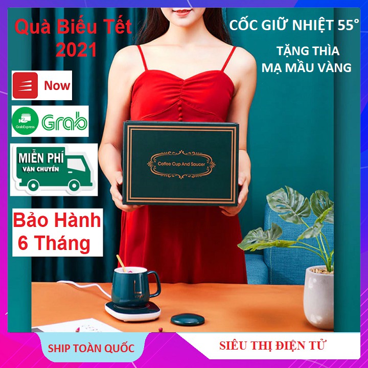 Bộ Cốc Hâm Nóng 55 Độ - Kèm Đế Điện Thôn Minh - Tặng Thìa Mạ Cao Cấp - Cốc Uống Trà - Cafe - Sữa Nóng