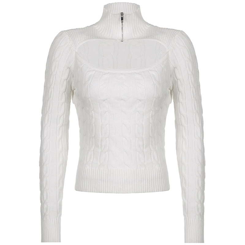 Áo Croptop Dệt Kim Tay Dài Cổ Lọ Phối Khóa Kéo Trước Màu Trơn Phong Cách Harajuku Quyến Rũ Cho Nữ