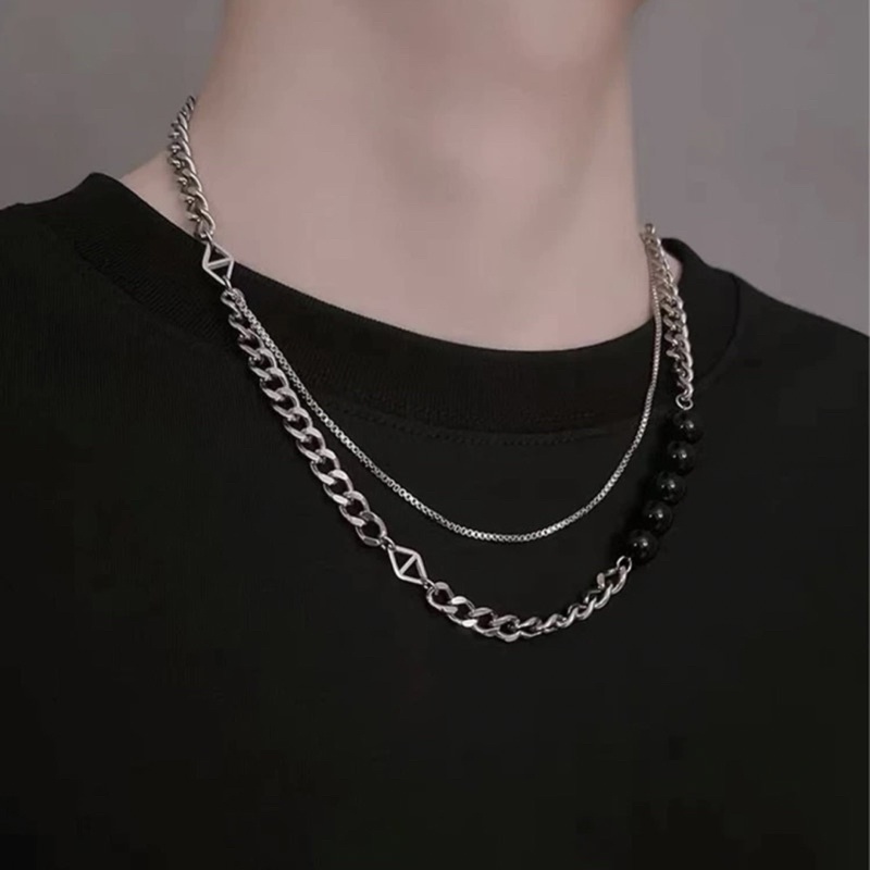 Vòng cổ xếp lớp trang trí hạt bằng thép titan không gỉ - Dây chuyền unisex cho nam nữ