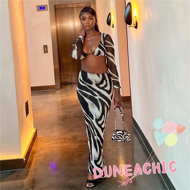 DUNEA Set đồ gồm áo cổ chữ V khoét sâu và chân váy phong cách quyến rũ