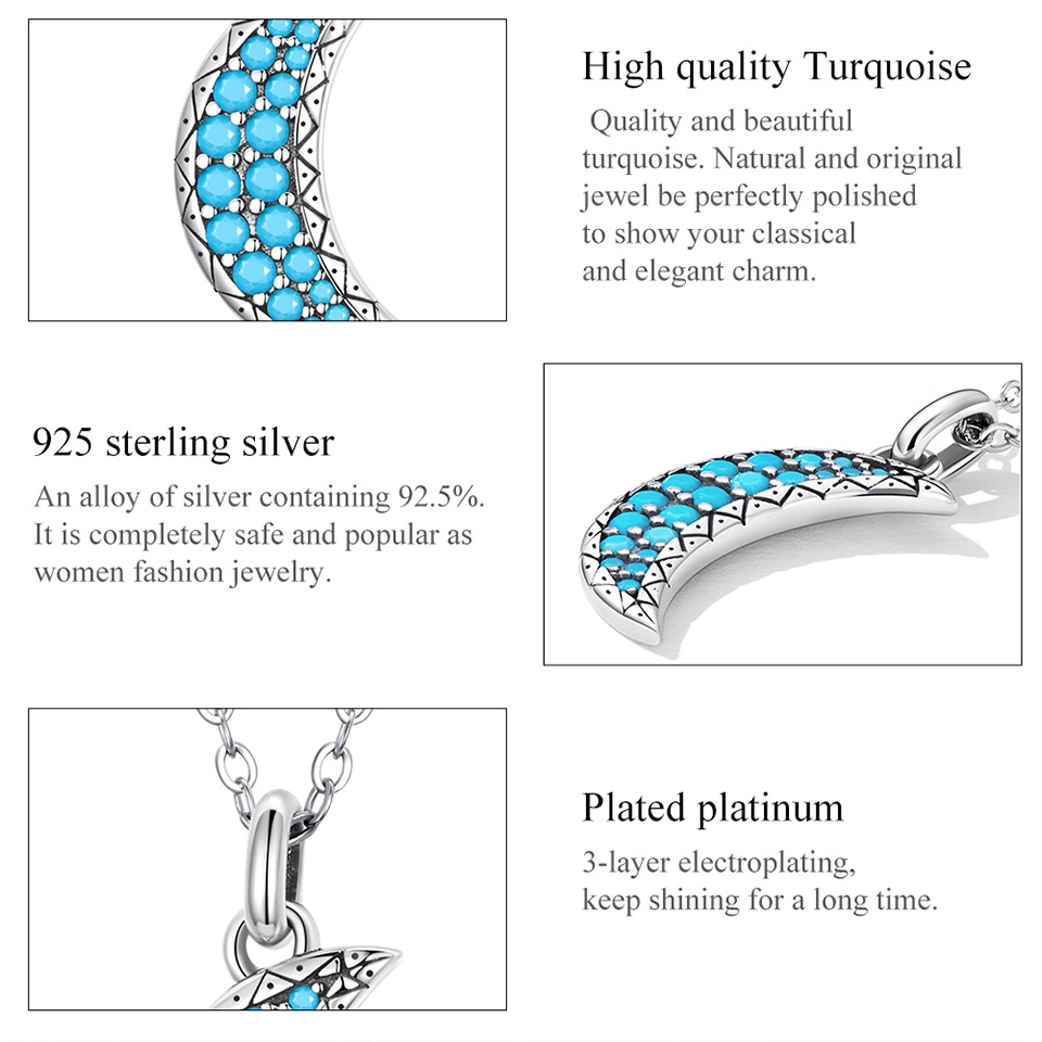 BAMOER Vòng cổ Bạc 925 Mặt Hình Mặt Trăng Đính Đá Ngọc Lam Thời Trang Cho Nữ