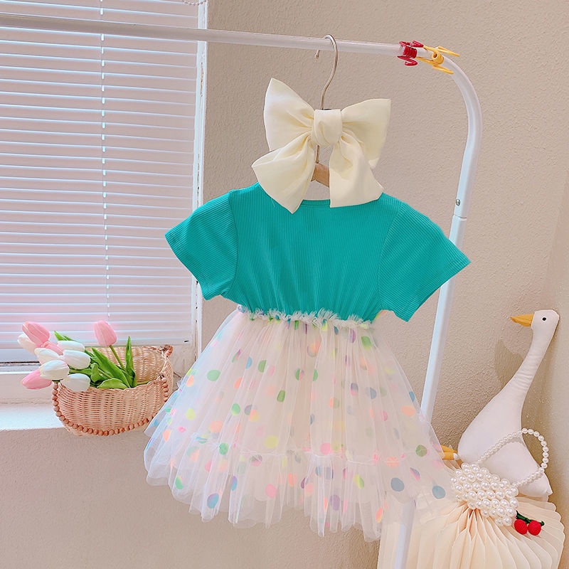Đầm Công Chúa Giả Hai Lớp Phối Lưới Chấm Bi Thời Trang Mùa Hè Hàn Quốc 2023 Mới Cho Bé