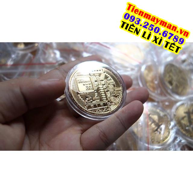Đồng xu bitcoin mạ vàng 24 may mắn + hộp nhựa đi kèm