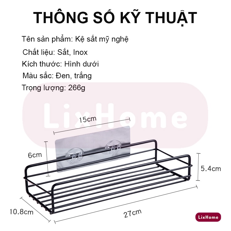 Kệ nhà tắm dán tường hình chữ nhật LKC1, để đồ đựng dầu gội - sữa tắm, giá đựng đồ nhà tắm sơn đen bền đẹp - LIXHOME