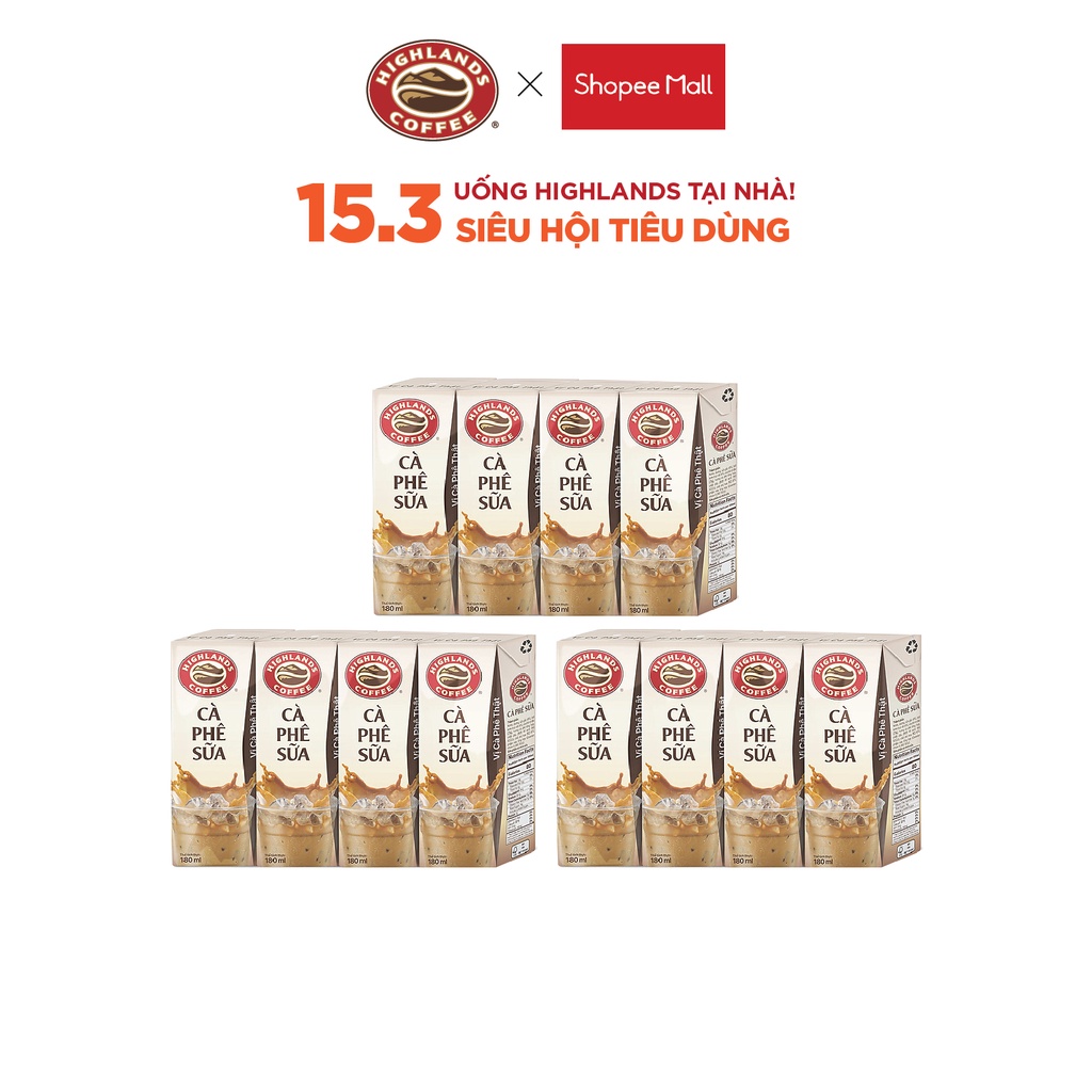 Combo 3 Lốc Highlands Coffee Cà phê Sữa Tetra pack (4 hộp/lốc x 180ml/hộp)