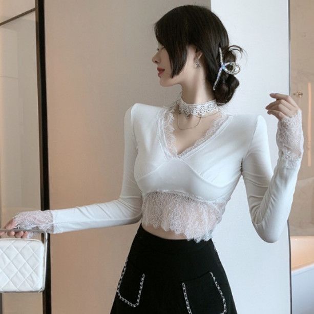 Áo Dài Tay Skinny!F &amp; X Áo Kiểu Ngắn Ôm Dáng Tay Dài Cổ Chữ v Phối Ren Quyến Rũ Cho Nữ