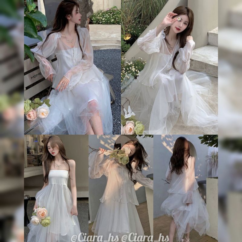 (K2) Set váy áo Tiểu thư sang chảnh Váy đầm lưới tầng dáng xòe + Áo voan lụa ánh nhũ màu trắng