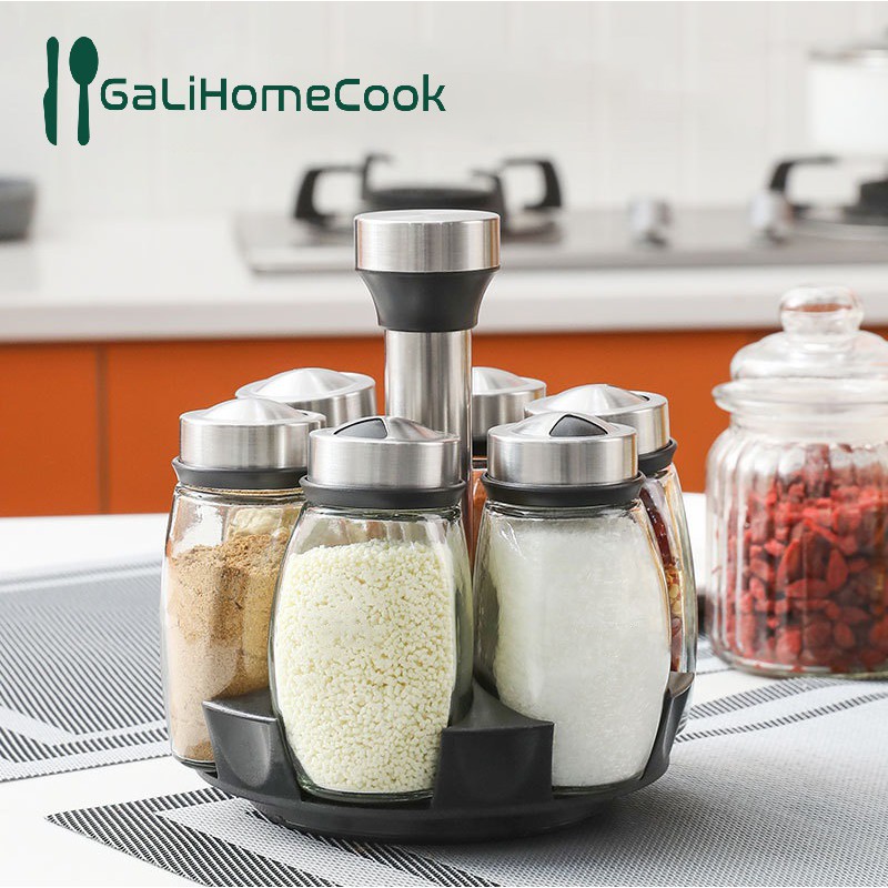 Bộ 6 lọ đựng gia vị thủy tinh kèm giá để xoay 360 độ GaliHomecook [FREESHIP-GIÁ CỰC SỐC]