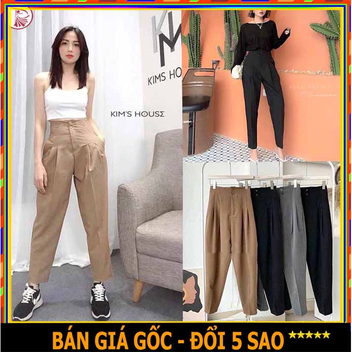 Chất dày đẹp- Form chuẩn  Quần baggy nữ cạp cao 2 cúc chiết ly xinh xắn giúp eo thon hit hot bao chất, QUẦN TÂY