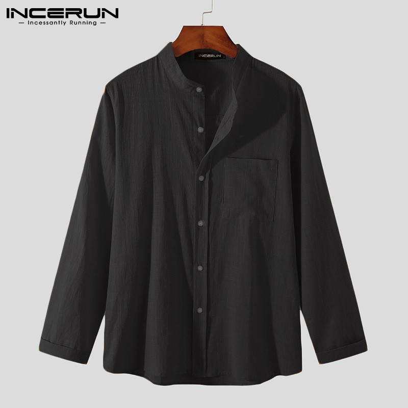Áo sơ mi INCERUN cotton dài tay cổ đứng phối nút đơn giản thời trang dành cho nam