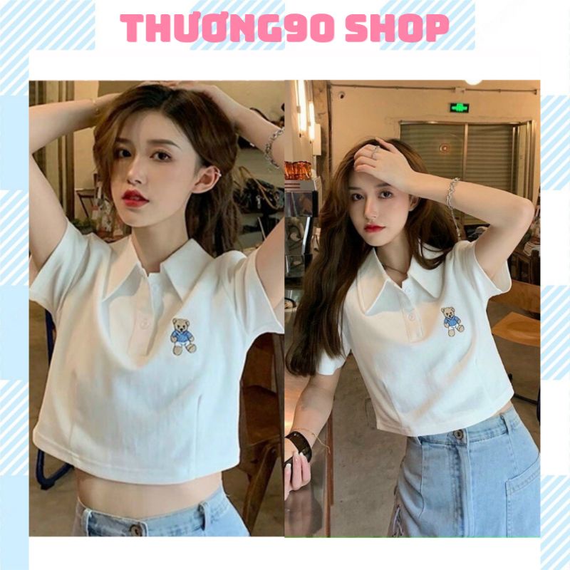 Áo Thun Croptop thêu nổi  hình GẤU XINH , cổ trụ sơ mi lai ngang.