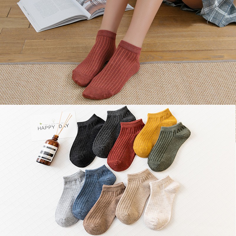 Tất gân nữ cổ thấp cotton màu trơn Nhật bản Tất vớ trơn cổ ngắn nữ Vớ lười ẩn nữ