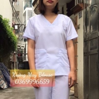 Áo blouse trắng cổ tim nam nữ cộc tay - áo hộ lý, dược sỹ cổ tim màu trắng