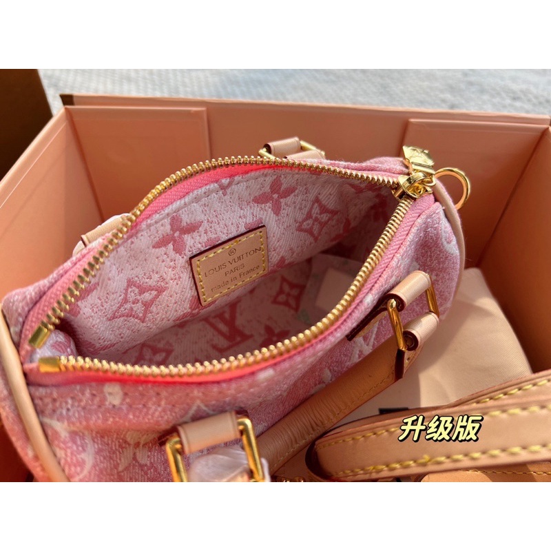 Túi xách nữ dáng trống thương hiệu Louis Vuitton da thật cao cấp phối vải jeans