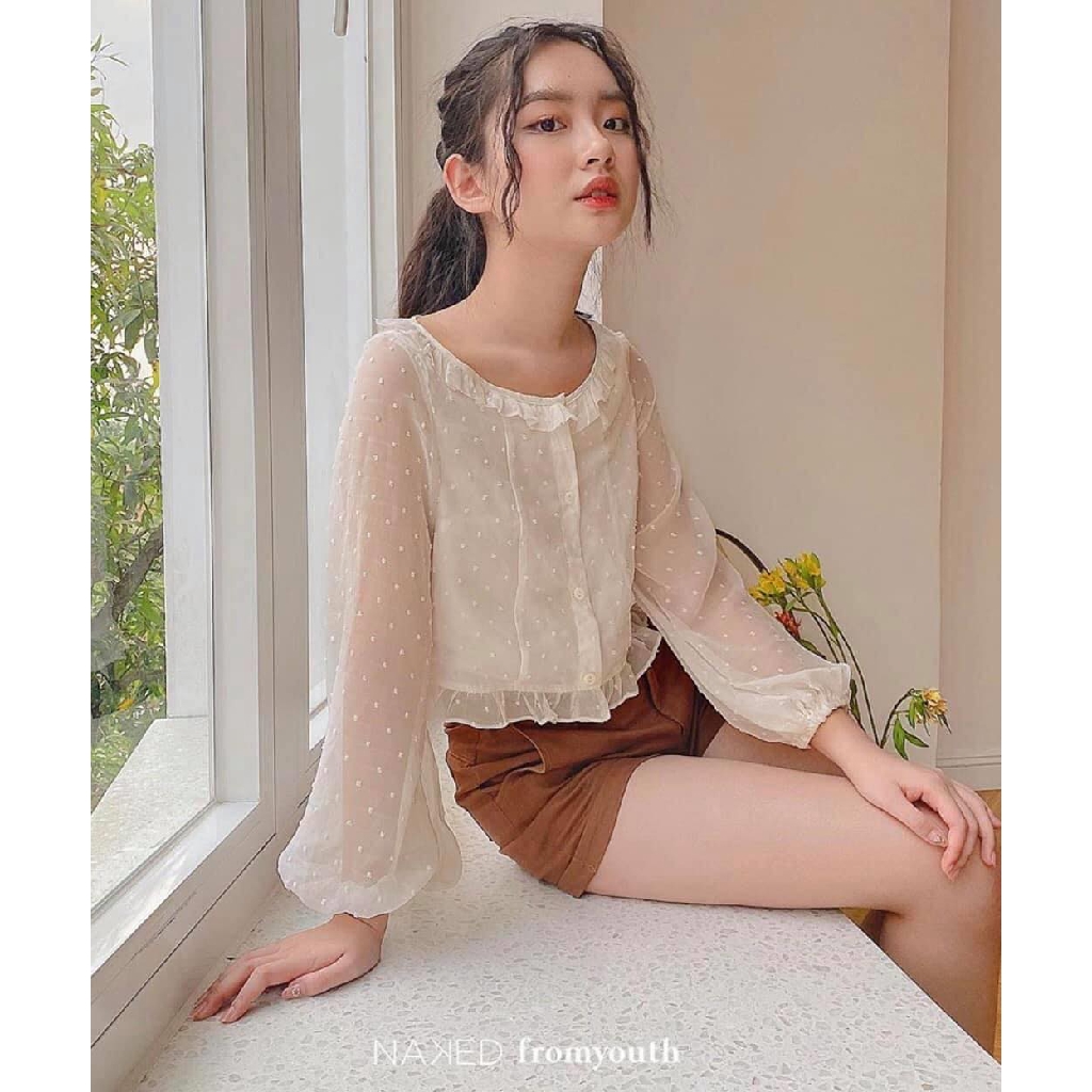 Áo sơ mi dáng croptop chấm bi 2 màu
