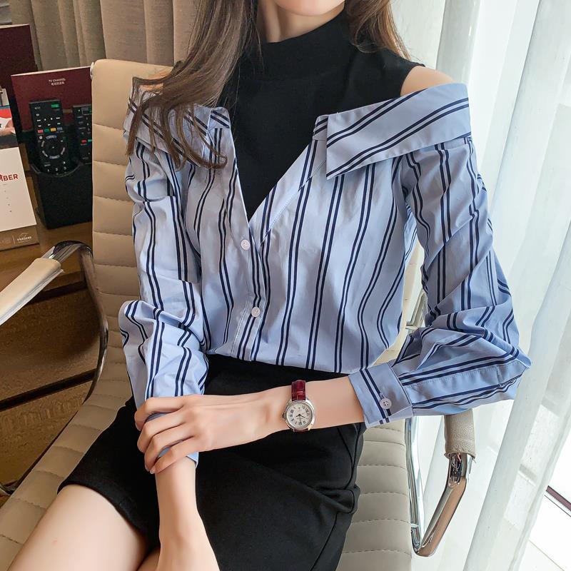 Áo Sơ Mi Vải Lụa Satin Giả Hai Lớp Họa Tiết Kẻ Sọc Màu Xanh Dương Thời Trang Cho Nữ