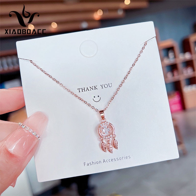XiaoboACC Vòng cổ dài thép titan mặt Dreamcatcher phối tua rua mạ vàng thời trang