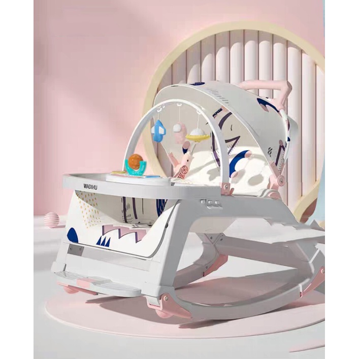 Ghế rung nhún bập bênh kiêm ghế ăn dặm cho bé có bánh xe và đồ chơi[HÀNG CAO CẤP]