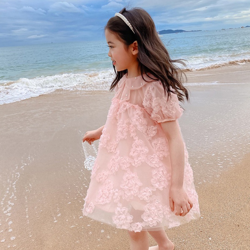 Se7en Đầm Công Chúa Ba Chiều Màu Trơn Tay Phồng Đính Hoa Ngọc Trai Mùa Hè Hàn Quốc Cho Bé Gái
