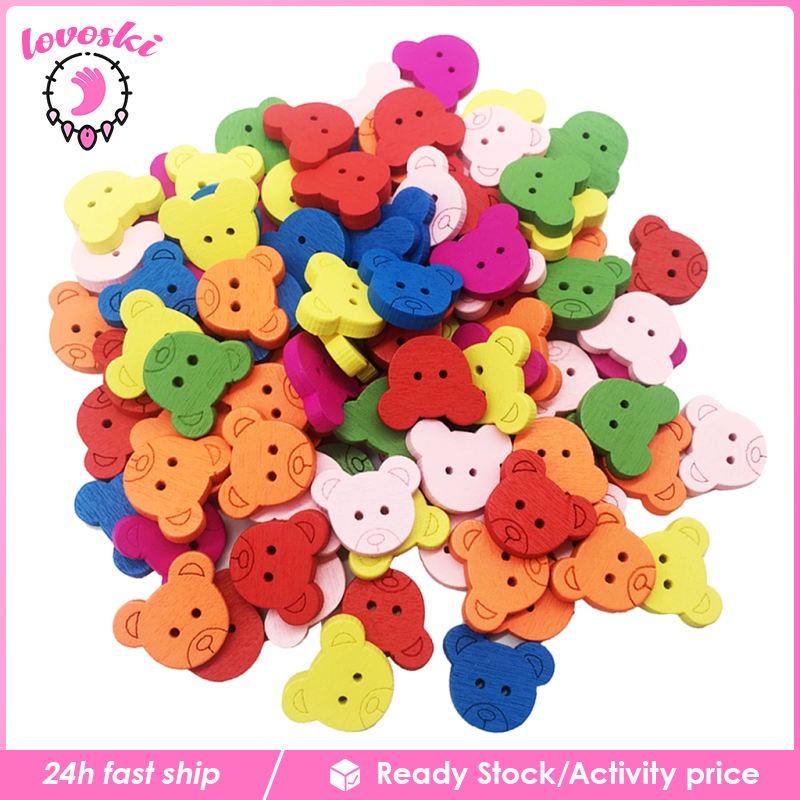 Bộ 100 Nút Gỗ Hình Gấu Nhiều Màu Sắc Dùng Trang Trí Scrapbook DIY