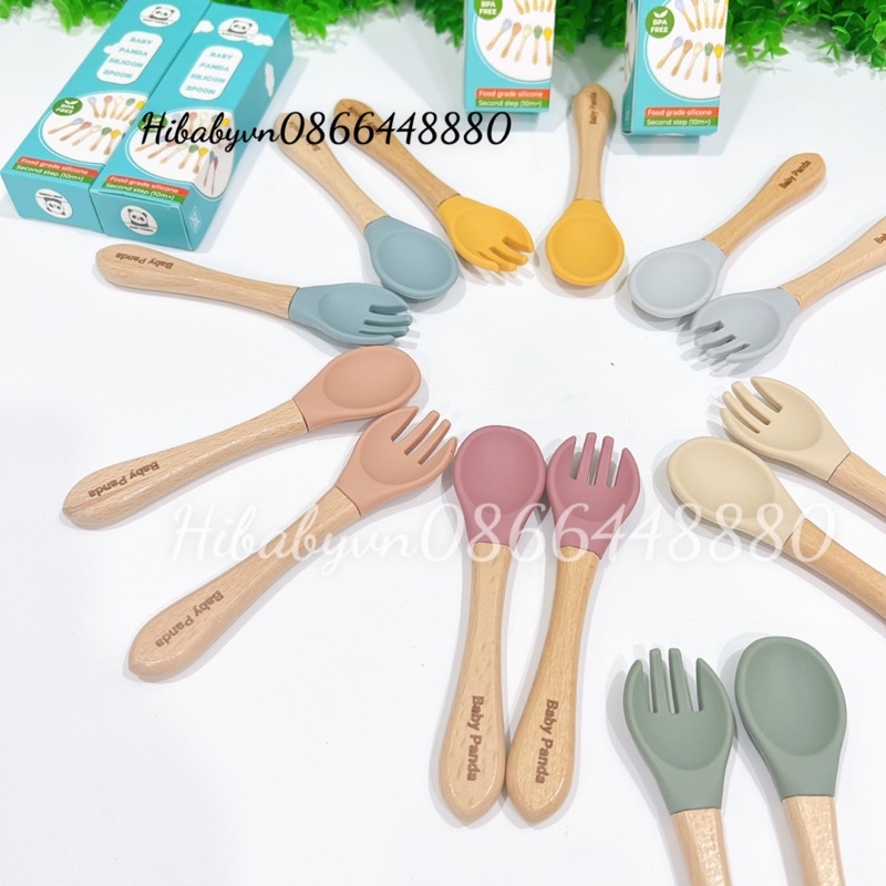 Sét Thìa Dĩa CÁN GỖ Baby Panda Đầu Silicon