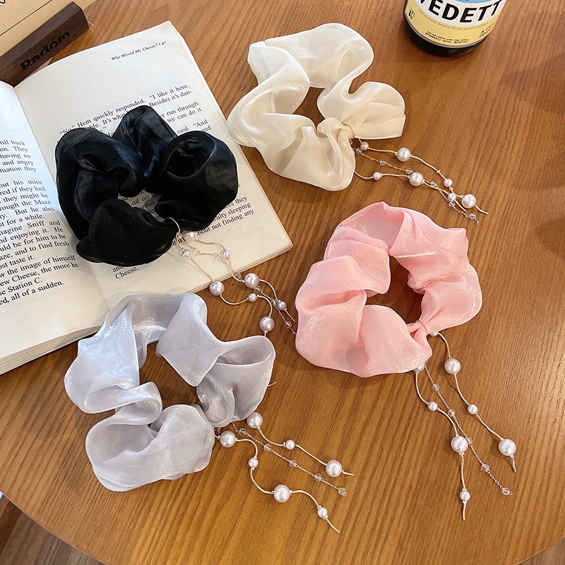Cột tóc vải scrunchies đính dây ngọc hàn quốc dây buộc tóc scrunchies nhiều màu