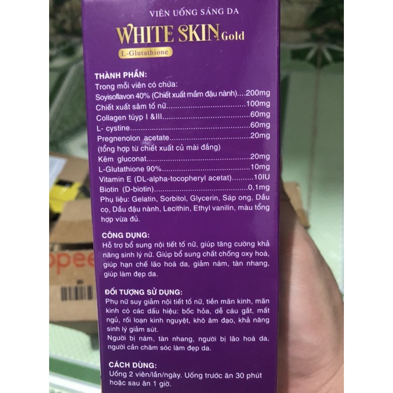 Viên Uống sáng da white Skin gold,hàng Việt Nam,tem dán đầy đủ,hạn dùng 3 năm, hiệu quả cải thiện theo thời gian