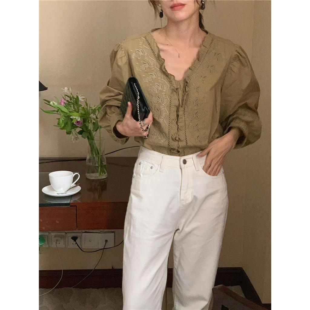 Áo Sơ Mi Dài Tay Cổ Chữ V Thêu Họa Tiết Cổ Điển 56437