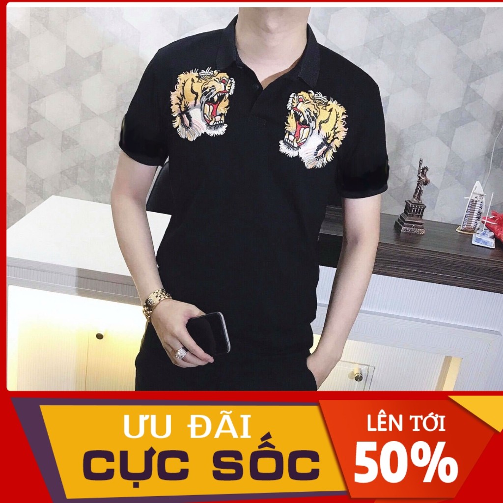 Áo Thun Nam Ngắn Tay Có Cổ Phối Họa Tiết Thêu Hai Đầu Hổ Cao Cấp Chất Vải Không Xù Không Phai Màu Hàng VNXK