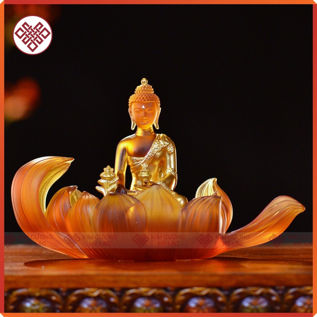 Tượng Phật Dược Sư Mật Tông [Kim Cương Hỷ Lạc] Lưu Ly Và Đế Sen Lưu Ly Màu Nâu