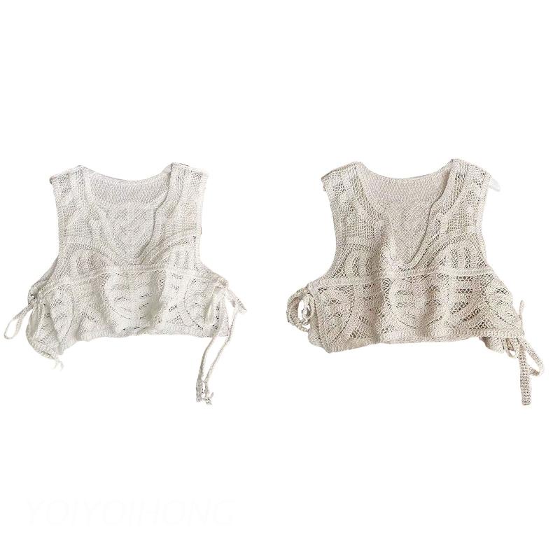 Áo Len Đan Móc Không Tay Cổ Chữ V Xẻ Tà Cột Dây Gợi Cảm Cho Nữ