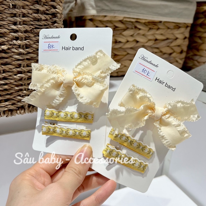 Sét kẹp nơ trơn thổ cẩm handmade màu vàng cho bé