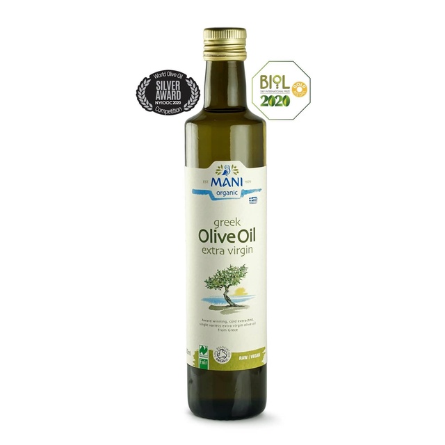 Dầu Olive Extra Virgin hữu cơ ép lạnh Mani 500ml (giống di sản Koroneiki truyền thống của người Hy Lạp)