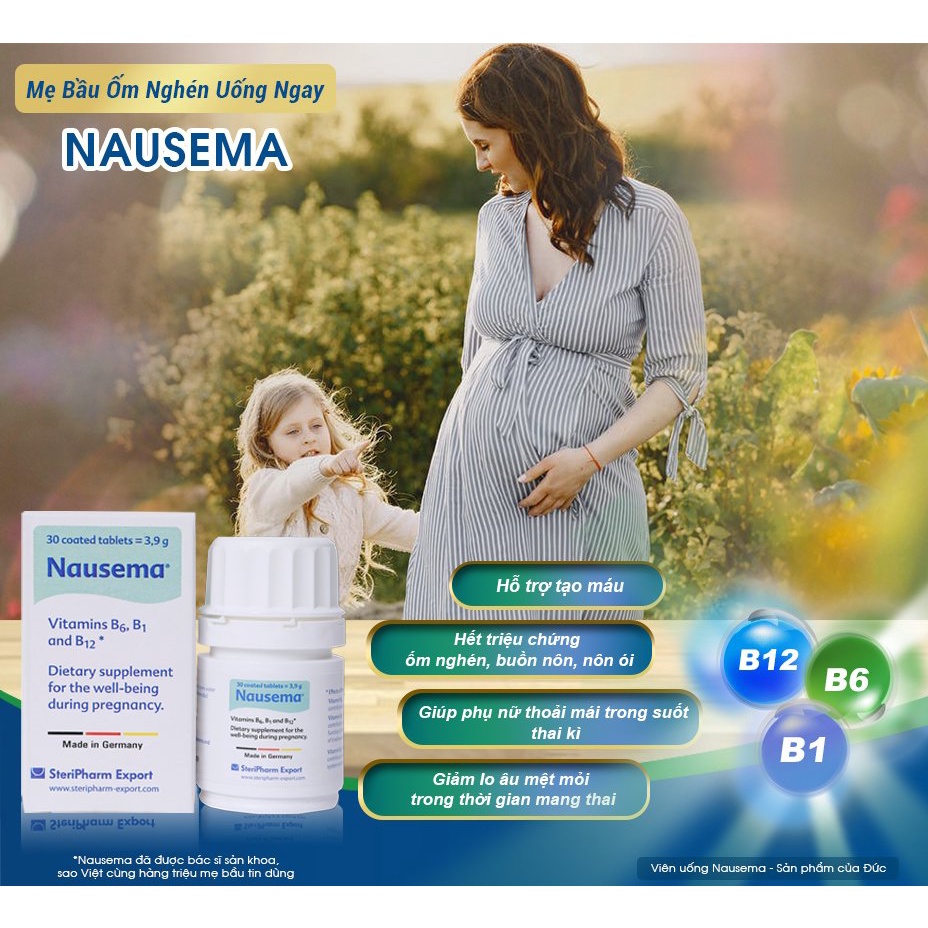 Nausema viên uống chống ốm nghén, tạo máu, giảm chóng mặt lo âu cho mẹ bầu - Hộp 30 viên