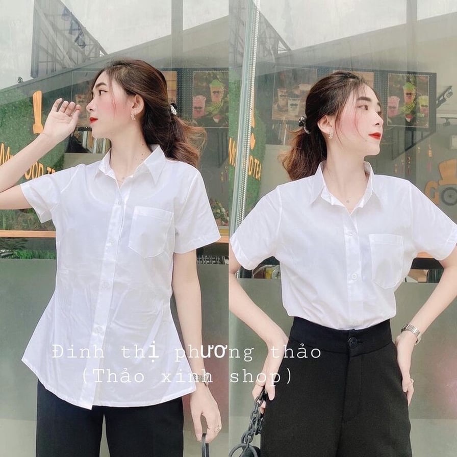 Áo sơ mi trắng nữ tay ngắn lỡ form rộng kiểu áo sơ mi nữ basic có túi mặc đi làm công sở học sinh sinh viên đều đẹp