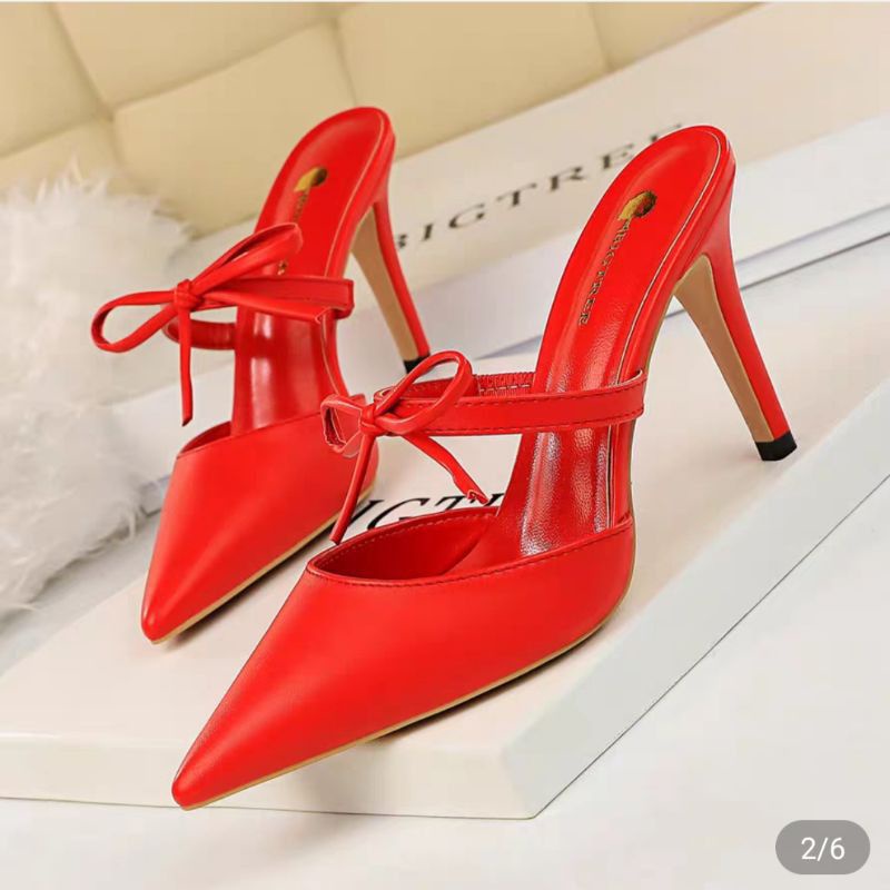 Giày sục cao gót chính hãng BIGTREE quai ngang cột nơ màu đỏ tươi 7cm size 37-38