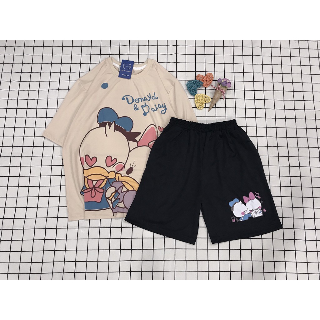 Set Đồ Bộ Vịt &quot;Donald And Daisy&quot; cartoon 3D Cute-Lapi VN Vải Thun Cotton Thoáng Mát, Freesize Đến 70kg