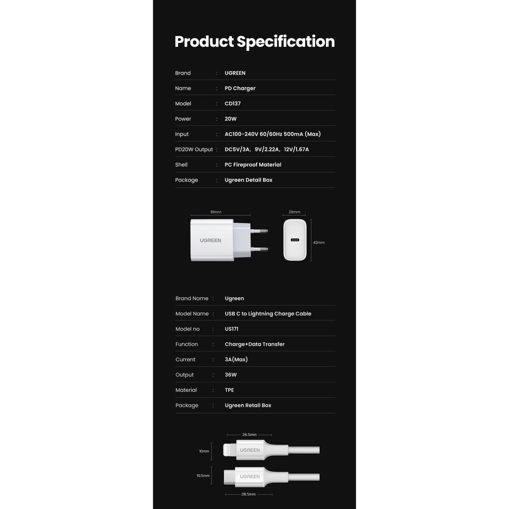 Củ sạc nhanh Ugreen QC4.0 QC3.0 PD 20W thích hợp cho12 X Xs 8 Xiaomi