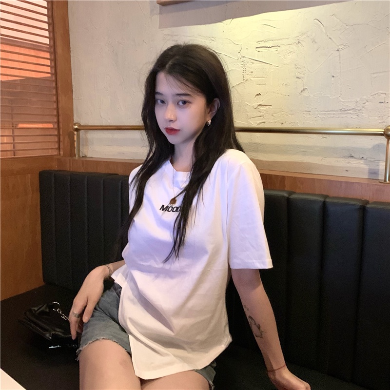 Áo Thun Tay Ngắn Cổ Tròn Thêu Họa Tiết Phong Cách Hàn Quốc Cho Nữ