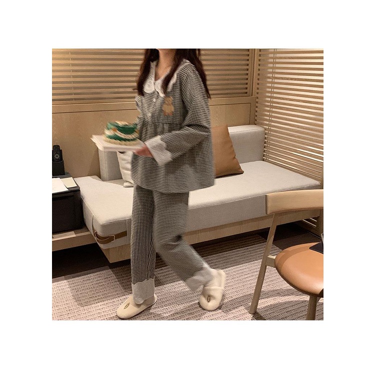 Set đồ ngủ tay dài phối ren họa tiết sọc caro phong cách Hàn Quốc thời trang dễ thương cho nữ
