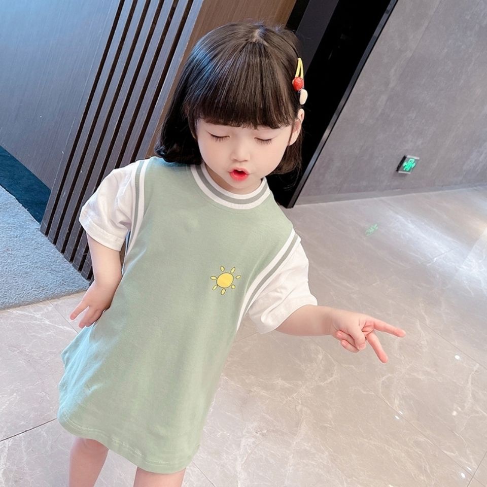 Đầm thun cotton tay ngắn thiết kế mới thời trang mùa hè theo phong cách Hàn Quốc dành cho bé gái