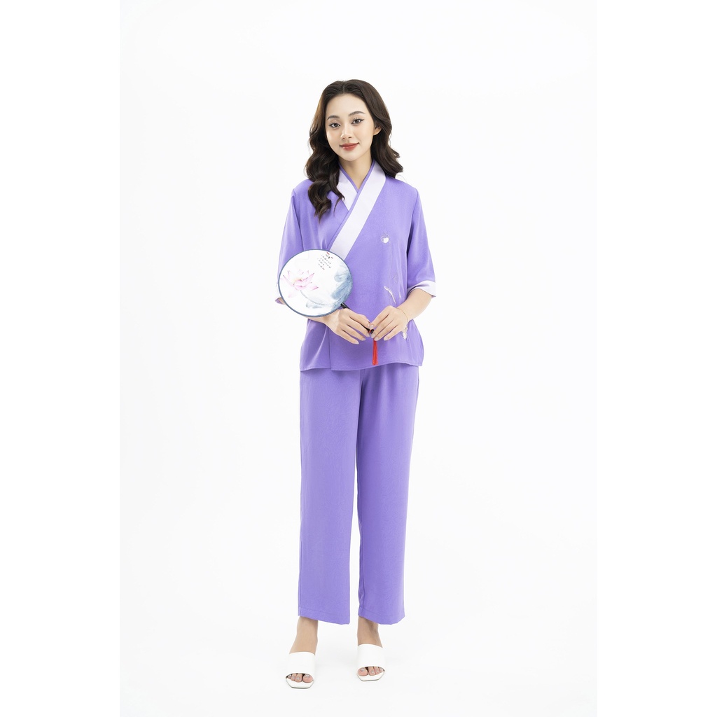 Bộ Đồ Lam Đi Chùa VADESI Cao Cấp Thêu Hoa Sen  Bộ Thư Pháp Phật Tử Cài Chéo Tay Lỡ Lụa Tằm Pháp Không Nhăn Thanh Lịch